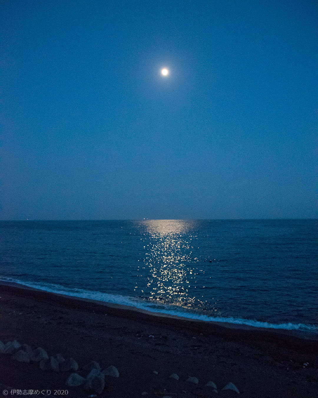 青い夜空の月と、波打ち際まで続く光