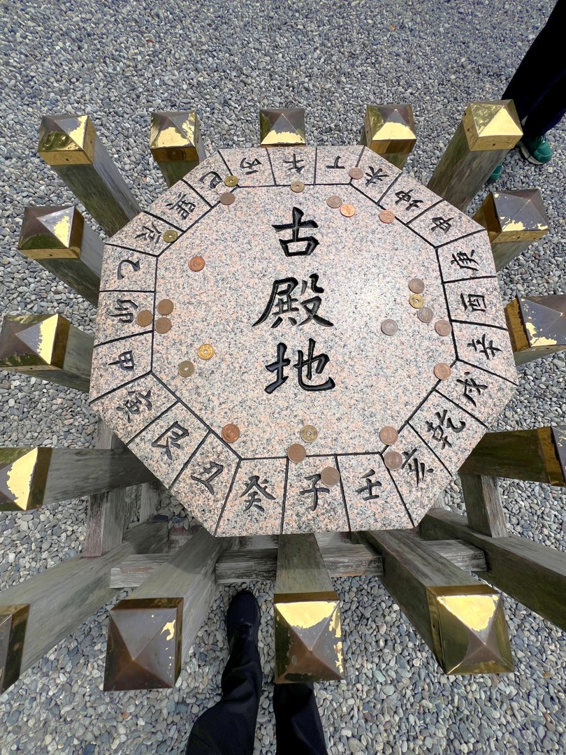 玉砂利の上に据えられた八角形の御影石。中央に「古殿地」と大きく彫られ、まわりの八つの面には十二支と十干の文字が刻まれている。石の上には五円玉や十円玉が十枚以上、あちこちに置かれたまま残っている。石を囲んで木の柵が放射状に伸び、柱の先はどれも金色の四角錐の金具でおおわれている。真上から見下ろした構図で、写真の下と右上に人の足が写り込んでいる。