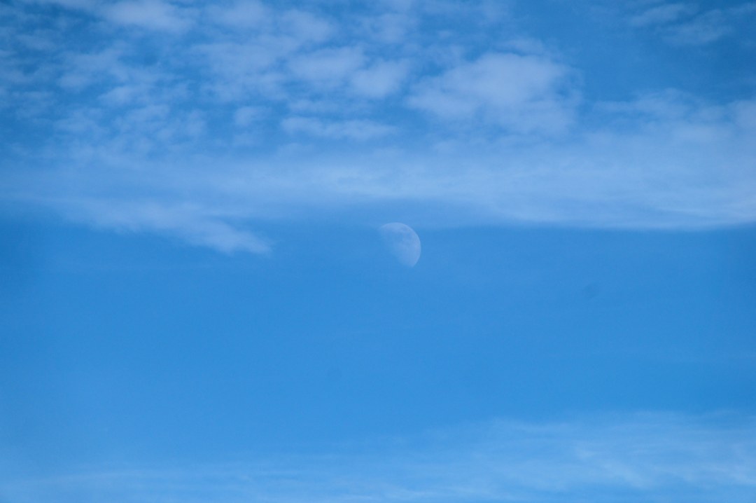 うすい雲が流れる青い空。まん中より少し右上に、半分より少しふくらんだ白い月が小さく浮かんでいる。上のほうにはうろこ状の白い雲が広がっている。