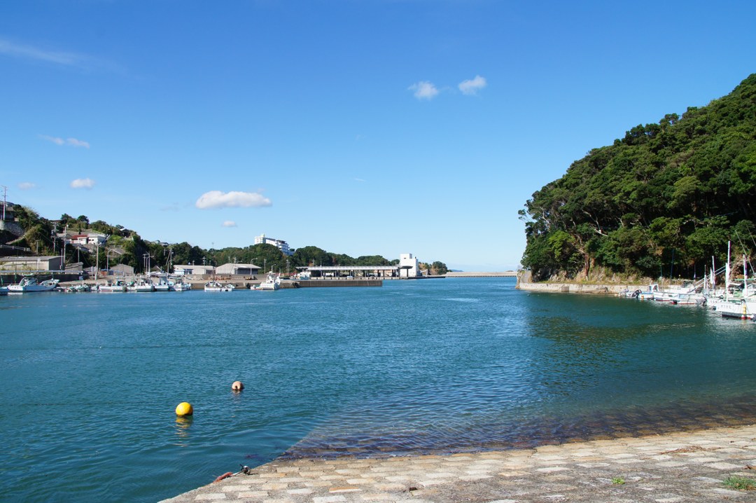 大王町の港。晴れた青空の下、静かな青い水面に黄色いブイが浮かび、右手に緑の岬、奥に漁船と家並み