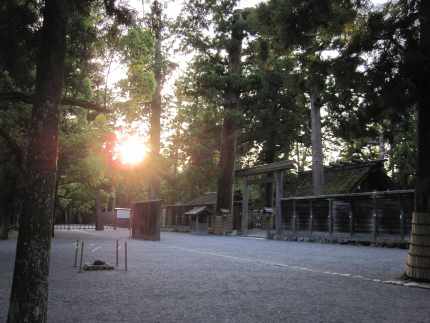 夕日が木々のあいだから差し込む、人のいない参道。砂利に長い影がのびている