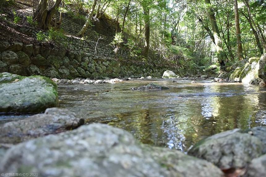 参道の脇を流れる浅い川。透きとおった水の底に石が見え、両岸に苔むした岩がある