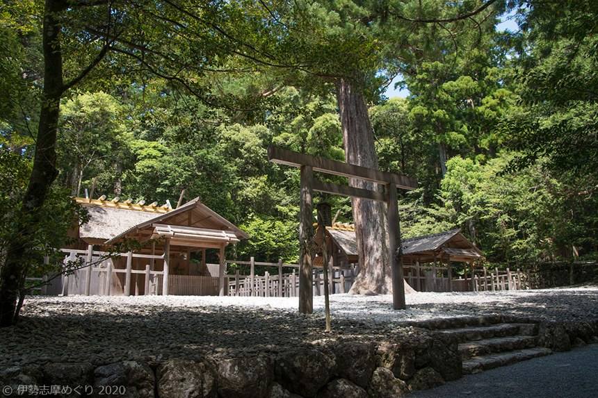 白木の社殿と鳥居。手前は玉砂利、まわりを杉の木立が囲んでいる