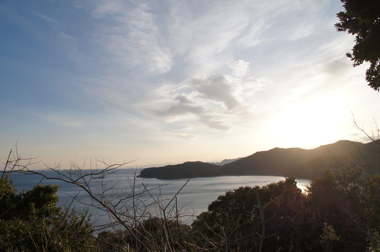 磯笛岬展望台から見た夕暮れ。手前の枝越しに、湾と山なみの向こうへ日が沈んでいく